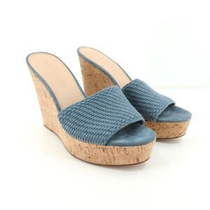 Veronica Beard Women 9.5 Dali Wedge Sandals Jean Blue Platform Woven Cork